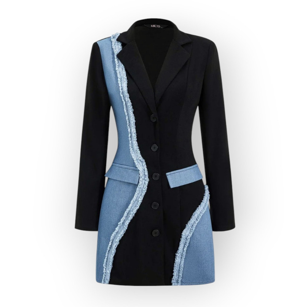 Micas Denim Patchwork Long Sleeve Blazer Suit Mini Dress – Size 1XL